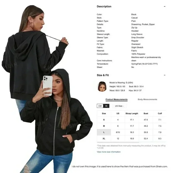 SHEIN MOOSTA Black Drawstring Drop Shoulder Hoodie, Small - Picture 10 of 10